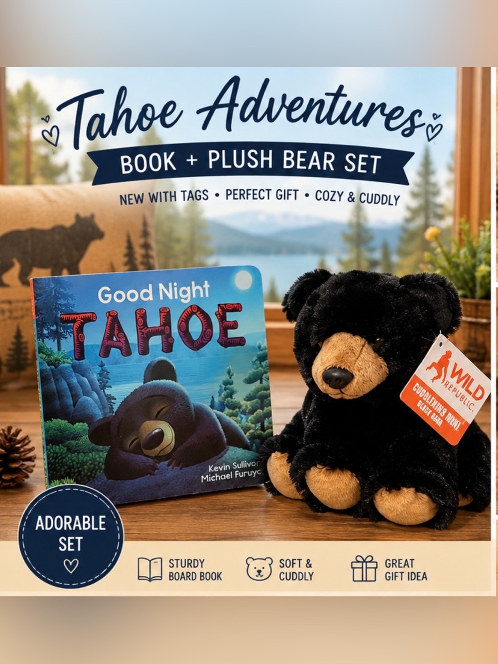 Wild Republic Black Bear Plush & Good Night Tahoe Board Book Gift Set NWT